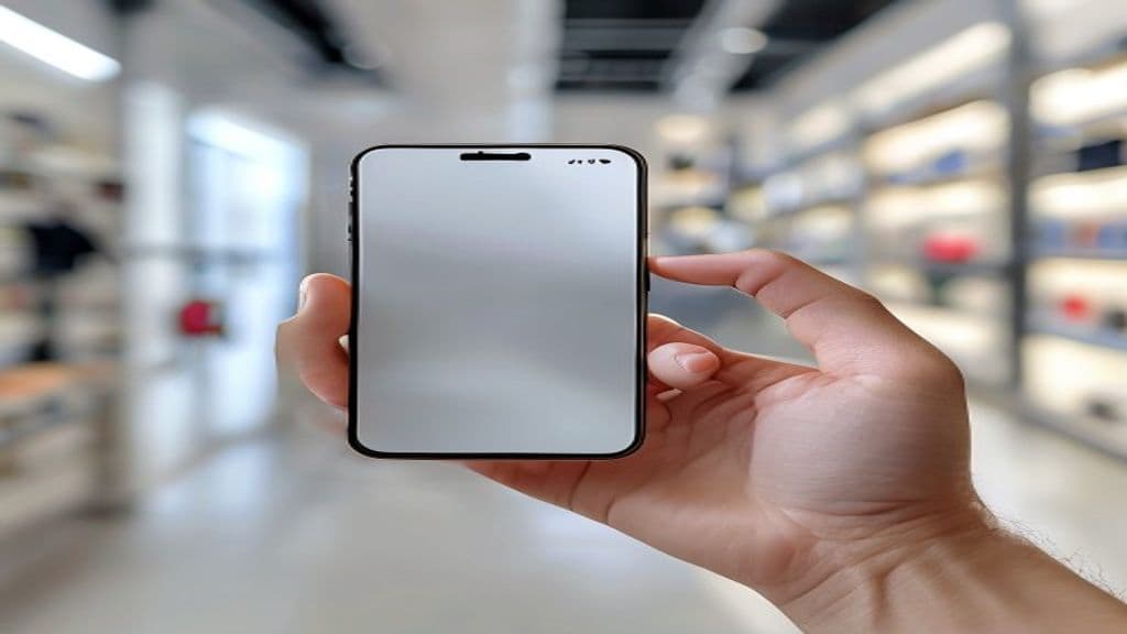 Pessoa segurando um iPhone e sorrindo, com um fundo desfocado de uma loja moderna.