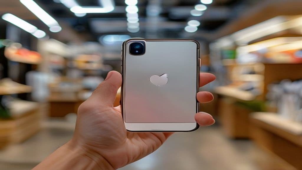 Pessoa segurando um iPhone com um selo de garantia virtual ao lado