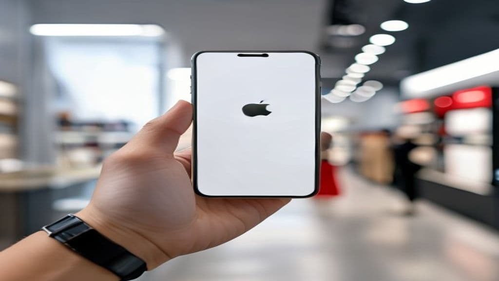 Imagem de um iPhone novo em caixa, com foco na tela e alguns acessórios ao fundo