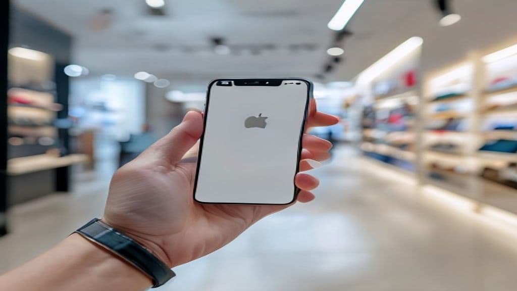 Pessoa segurando um iPhone novo em frente a uma vitrine de loja