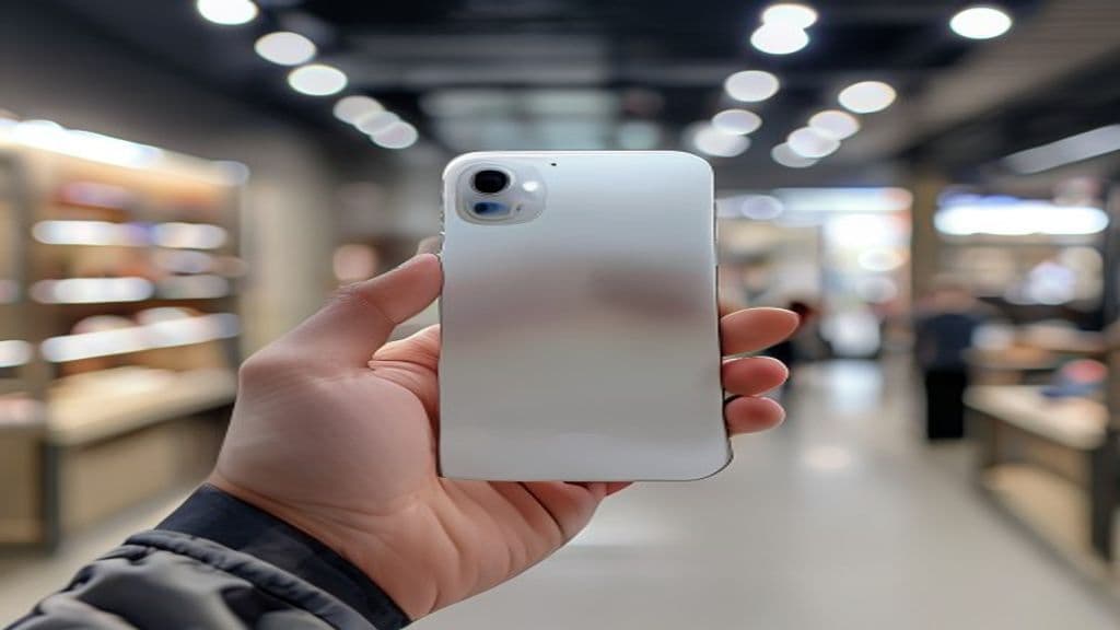 Mãos segurando um iPhone usado, destacando a tela e a parte traseira do aparelho