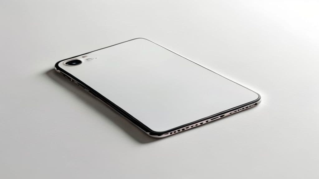iPhone 11 usado segurado na mão sobre uma mesa clara