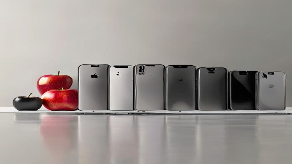 Vários modelos de iPhone dispostos lado a lado sobre fundo claro
