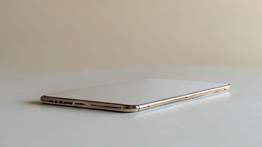 Mãos segurando um iPhone recondicionado, com foco na tela limpa e sem arranhões