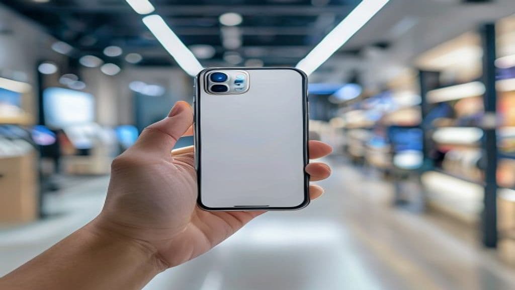 Pessoa segurando um iPhone em uma loja moderna e bem iluminada