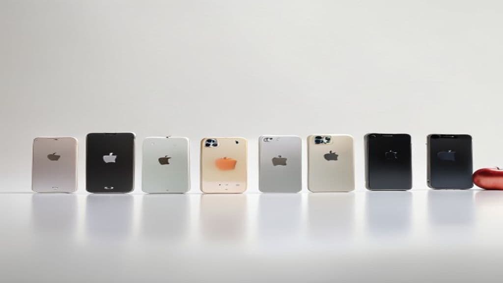 Mãos segurando diferentes modelos de iPhone, ilustrando a variedade de escolha.